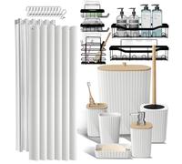 Ensemble de 25 Accessoires de Salle de Bain avec étagère de Douche pour Rangement de Salle de Bain, Rideau de Douche Blanc, Brosse WC, Poubelle, Distributeur de Savon, Porte-Brosse à Dents