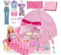 Ensemble de 28 pièces de tente de camping pour poupée compatible avec Barbie, accessoires de poupées de 29,8 cm avec 1 tente de poupée, 1 sac de couchage, 3 vêtements, 1 tapis de pique-nique, 10