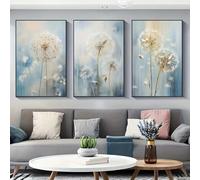 Ensemble de 3 affiches sur toile rustiques blanches et dorées représentant des pissenlits, impressions mural, œuvres d'art giclées pour décor chambre et du bureau 30x45cm(12x18inch)x3 Cadre interne