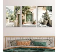 Ensemble de 3 affiches - Vue de rue avec porte verte - Paysage méditerranéen - Maison rustique en pierre - Olivier - Décoration sur toile - Sans cadre - Idéal pour le salon, la chambre (50*70CM)