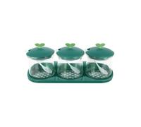 Ensemble de 3 Bocaux à Epices en Verre avec Couvercles et Support en Plastique Vert