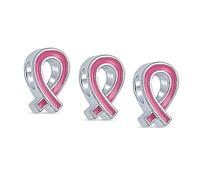 Ensemble De 3 Breloques Espoir Ruban Rose Radieux En Émail Pour Survivant Du Cancer Du Sein - Argent Sterling Authentique .925 - Compatible Avec Les Bracelets Européens - Bijoux Inspirants Pour Femmes