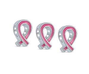 Ensemble De 3 Breloques Espoir Ruban Rose Radieux En Émail Pour Survivant Du Cancer Du Sein - Argent Sterling Authentique .925 - Compatible Avec Les Bracelets Européens - Bijoux Inspirants Pour Femmes