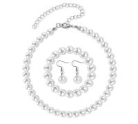 Ensemble de 3 colliers de perles blanches classiques pour femme - Collier et bracelet en fausses perles - Ensemble de boucles d'oreilles pour mariée (collier de 8 mm + bracelet boucles d'oreilles de