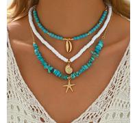Ensemble de 3 colliers en céramique turquoise douce avec pendentifs de coquilage métallique, de coquillage et d'étoile de mer pour le style océanique pour femme, à porter tous les jours et accessoires