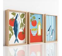 Ensemble de 3 Décor Murales Rétro Nature Morte, Impression pour Salon Chambre à Coucher, Posters Cuisine Nourriture Méditerranéen Poisson Tomate Olive Éclatant Sans Cadre, Tableau Mural, 50 x 70