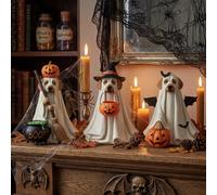 Ensemble de 3 décorations d’Halloween représentant des chiens fantômes, des objets de décoration mignons pour le bureau, des chiens fantômes avec des détails en forme de citrouille, de chapeau de 1 Se