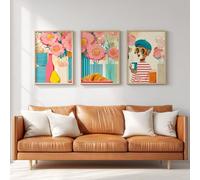 Ensemble de 3 Décorations Murales Dessin Animé Mode, Impression HD pour Salon Chambre à Coucher, Posters Français Chiot Floral Fleur Vacance Croissant Rétro Sans Cadre, Tableau Mural, 30 x 40 cm