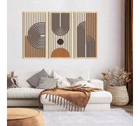 Ensemble de 3 décorations murales en bois géométriques abstraites bohèmes, art mural en bois aux tons terreux neutres avec lignes d'arc et de cercle, décoration murale suspendue encadrée en bois minim