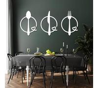 Ensemble de 3 décorations murales en métal représentant Un Couteau, Une cuillère et Une Fourchette. Décoration Minimaliste pour la Cuisine ou Le Buffet (Blanc, 135 x 91 c