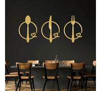 Ensemble de 3 décorations murales en métal représentant Un Couteau, Une cuillère et Une Fourchette. Décoration Minimaliste pour la Cuisine ou Le Buffet (doré, 47 x 32 cm)