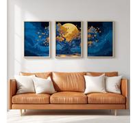 Ensemble de 3 Décorations Murales Fantaisie Surréaliste, Impression HD Salon Chambre à Coucher, Posters Arbre De Vie Ciel Nocturne Lune Bleu Marine Or Mystère Sans Cadre, Tableau Mural, 40 x 60 cm