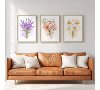 Ensemble de 3 Décorations Murales Rétro Aquarelle Floral, Impression HD pour Salon Chambre à Coucher, Posters Lavande Marguerite Jonquille Fleur Nœud Frais Sans Cadre, Tableau Mural, 40 x 50 cm