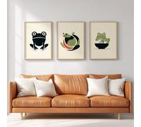 Ensemble de 3 Décorations Murales Rétro Style Japonais, Impression HD pour Salon Chambre à Coucher, Posters Crème Grenouille Matcha Humoristique Fantaisiste Sans Cadre, Tableau Mural, 40 x 60 cm