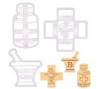 ensemble de 3 emporte-pièces sur le thème de la pharmacie (motifs: bouteille de pilules, pilon et mortier et logo de la pharmacie), 3 pièces