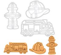 ensemble de 3 emporte-pièces sur le thème des pompiers (motifs: camion de pompier, bouche d'incendie et casque de pompier), 3 pièces