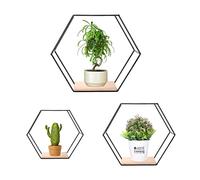 Ensemble de 3 étagères murales hexagonales, étagères flottantes noires, Étagères suspendues en métal et bois pour chambre salle de bain salon cuisine, Rangement de buanderie et décoration murale(Noir)