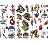 Ensemble de 3 feuilles de tatouages temporaires par Tatsy- Sailor, Vintage, Oldschool - Tatouages amusants pour les fêtes, faux tatouages corporels pour hommes et femmes, 47 tatouages uniques au total