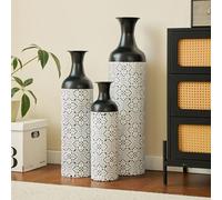 Ensemble de 3 Grands vases de Sol décoratifs Hauts, ornés de Fleurs artificielles Blanches et Noires luxueuses, pour la décoration du Salon (Hauteur : 83/65/50 cm)