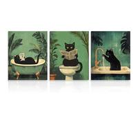 Ensemble de 3 Illustrations Drôles pour Salle de Bain d'un Chat Noir Se Lavant les Pattes,pour Décoration 20x25 cm Sans Cadre