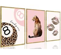 Ensemble de 3 impressions sur toile sans cadre de léopard rose imprimées sur toile, décor mural coquette, images de guépard, décor mural de boule chanceuse, affiche de baisers et de lèvres, peinture