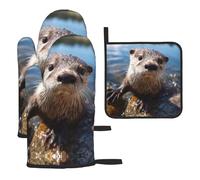 Ensemble de 3 maniques et Gants de Cuisine antidérapants et résistants à la Chaleur, Motif Loutre Jouant dans l'eau. Idéal pour Cuisiner, pâtisser, Griller et Faire des barbecues.