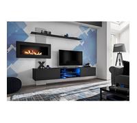 Ensemble de 3 meubles muraux ""Flame"" avec une cheminée bio - Noir - L 250 x H 170 x P 40 cm