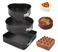 Ensemble de 3 moules à gâteau Hedrix, 3 formes différentes : ronde, carrée et en forme de cœur. Moules de cuisson en acier antiadhésifs à ressort. Plaque de cuisson multiformat (noir). 24cm, 26cm, 28c