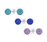 Ensemble De 3 Paires De Boucles D'Oreilles Clous Boule Disco En Cristal Pavé Violet Aqua Bleu Pour Femmes Design Rond Simple Basique En Argent Sterling .925 - Taille 8MM
