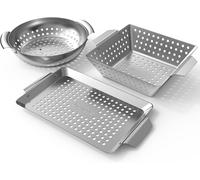 Ensemble De 3 Panier À Barbecue En Acier Inoxydable, Paniers A Grillades Anti Adhésif Avec Poignée Incurvée, Mini Paniers De Cuisson Pour Barbecue Pour Gril À Gaz, Gril À Charbon