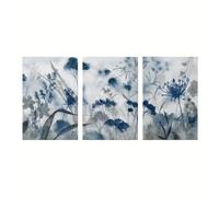 Ensemble de 3 Peintures sur Toile de Feuilles de Fleurs Bleu Gris Rétro Plantes Impressionnistes Affiche D'Art Mural Salon Cuisine Bureau Chambre Décoration Maison-40*60 Cm/(16*24 Pouces) Sans Cadre