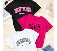 Ensemble de 3 pièces à manches courtes pour jeunes filles avec t-shirts imprimés de lettres de design, avec des motifs de culture urbaine de New York, de texte parisien et de Los Angeles 8Y,9Y,10Y,11-