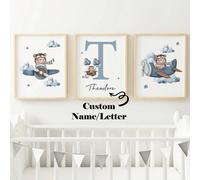 Ensemble de 3 pièces Affiches sur canevas sans cadre personnalisées, ours en peluche bleu peint à la main, étoiles, nuages, art mural avec initiale, nom et logo personnalisés pour la décoration de la 