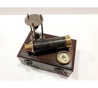 Ensemble de 3 pièces antique en laiton avec boussole sablier et télescope gravé avec boîte en bois
