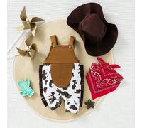 Ensemble de 3 pièces: combinaison imprimée vache de style occidental avec bretelles et chapeau de cowboy brun, assorti avec une écharpe imprimée géométrique péruvienne, exhalant la sauvagerie et la mi