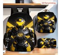 Ensemble de 3 pièces de sac à dos, design imprimé jaune-noir cool avec un guerrier mecha blindé, ensemble de sac à dos de tous les jours à la mode avec sac à bandoulière et trousse assortis, sac à dos