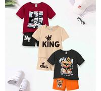 Ensemble de 3 pièces de T-shirt à manches courtes imprimé amusant avec des lunettes de soleil décontractées pour bébé garçon, silhouette d'ours en voiture, couronne et slogan lettre, accompagné d'un s