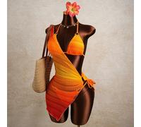 Ensemble de 3 pièces pour femmes : Bas de bikini triangle avec attache au dos, Top de bikini à une épaule et mini-jupe moulante. Nouvelle collection printemps/été avec tissu spécial à effet dégradé et