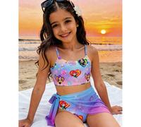 Ensemble de 3 pièces pour fille préadolescente, comprenant un débardeur, un bikini culotte et une mini-jupe. Personnage de dessin animé vibrant violet, groupe de filles de K-pop. Tenue de maillot de b