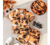 Ensemble de 3 pièces pour garçon jeune, composé d'une chemise à manches courtes avec imprimé de vacances, d'un short et d'un chapeau. Une tenue d'été et minimaliste, très prisée pour les 2-5 ans 6Y,4Y