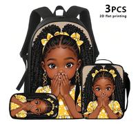 Ensemble de 3 pièces : sac à dos, sac à bandoulière et pochette avec impression 2D d'une jeune femme élégante à pois jaunes ; idéal pour les étudiants ou les jeunes professionnels pour les trajets quo