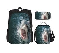 Ensemble de 3 pièces sacs à dos requin animal sauvage dans la mer attaquant montrant la bouche et les dents sac de livre effrayant voyage travail sac d'école trousse à crayons sac à déjeuner combina