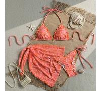 Ensemble de 3 pièces Swim Mod, Top de bikini à col montant avec texture florale et ornements de coquillages, bas à nouer sur les côtés et mini-jupe, Ensemble de maillot de bain sexy, Printemps/Été L,M