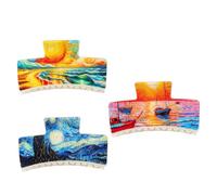 Ensemble De 3 Pinces À Cheveux Modernistes Accessoires De Forme Carrée Détail De Peinture À L'huile Poignée Sécurisée Coiffure Griffe Carrée Artistique