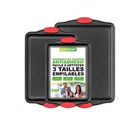 NutriChef - Ensemble de plaques de cuisson, antiadhésives en métal - Noir, poignées silicone rouges