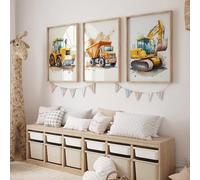 Ensemble de 3 posters sur le thème des engins de chantier pour chambre d'enfant : pelleteuse, bulldozer et camion. Décoration murale idéale pour chambre de garçon ou de bébé. Sans cadre (50 x 70 cm)