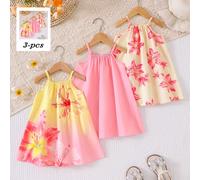 Ensemble de 3 robes pour bébé fille, mode décontractée printemps/été, nouvelle à succès, robe en tissu tissé avec imprimé floral dégradé orange + robe avec imprimé léopard lys orange + robe droite san