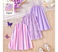 Ensemble de 3 robes pour filles, nouveau et très vendu au printemps/été, style dopamine coloré, robe imprimé léopard violet clair, robe unie violet clair et robe imprimé rayures colorées, robes sans m