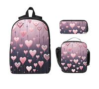 Ensemble de 3 sacs à dos à ballons en forme de cœur rose pour filles et garçons avec sac à déjeuner, trousse à crayons, Saint-Valentin romantique, sac d'école isotherme, cadeau pour homme et femme