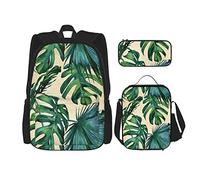 Ensemble de 3 sacs à dos à bandoulière réglables avec boîte à déjeuner et trousse à crayons Motif art russe, Feuilles de banane vertes., Taille unique, Sacs à dos de jour